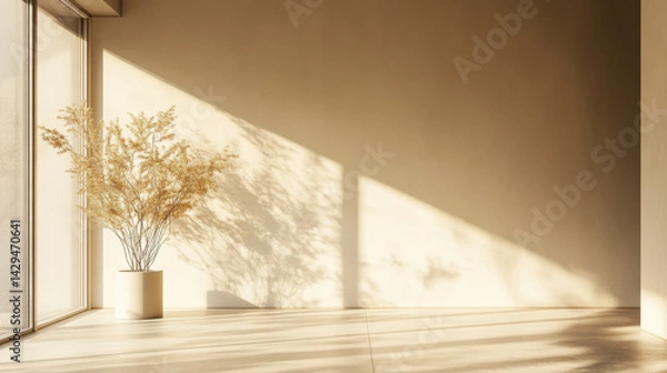 Fototapeta Elegant vase with dried flowers casting soft shadows in a sunlit room
