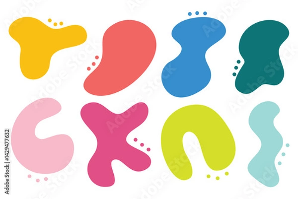 Fototapeta Set of liquid organic shapes. Round abstract organic elements set. Irregular form in vibrant colors. Colorful simple freeform, asymmetric blob.