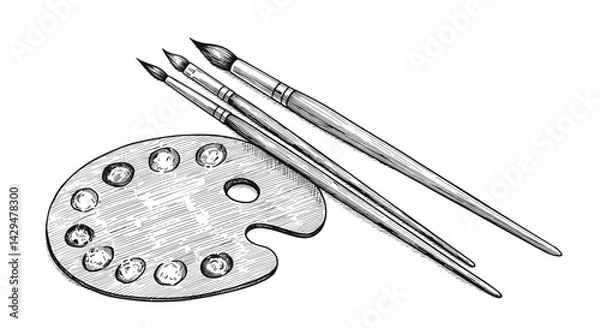 Fototapeta Paintbrushes and Palette for Artistic Creation on White Background  