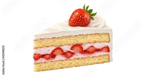 Fototapeta Strawberry cake slice with cream layers isolated on transparent background