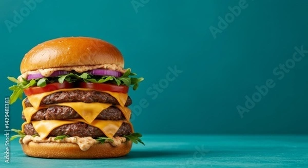Fototapeta Delicious towering burger with multiple beef patties, melted cheese, lettuce, tomato, and onions against a vivid turquoise background