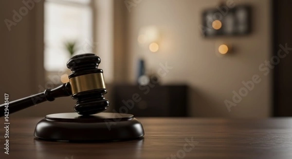 Fototapeta Close-up of a classic gavel resting on a polished wooden block, symbolizing justice and law, in a softly lit courtroom setting