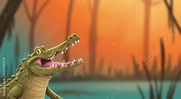 Fototapeta Happy crocodile smiling in a colorful swamp landscape, conveying a playful and vibrant mood under a warm sunset glow