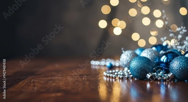 Fototapeta Festive blue and silver Christmas decorations with sparkling ornaments, beads, and a blurred warm background depicting joyful holiday spirit