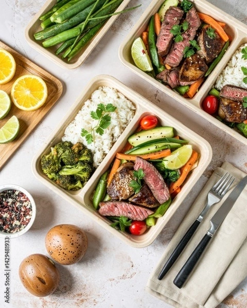 Fototapeta Healthy meal prep with fresh ingredients and balanced nutrition in meal containers on a kitchen countertop