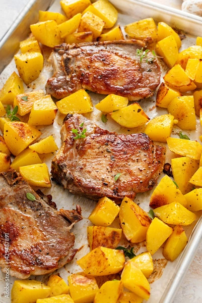 Fototapeta Pork chops and potatoes on a sheet pan oven roasted for an easy dinner