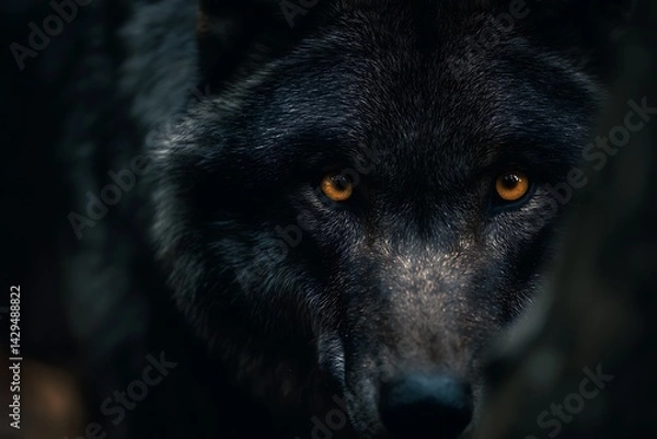 Fototapeta Bold dire wolf with glowing orange eyes in shadowy woods  
