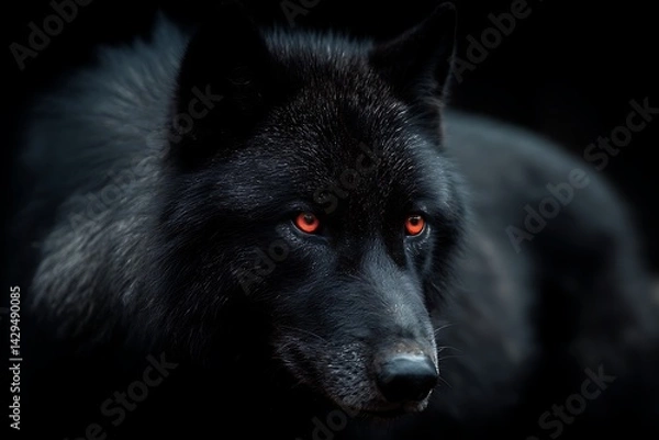 Fototapeta Bold black wolf with glowing red eyes stares boldly  
