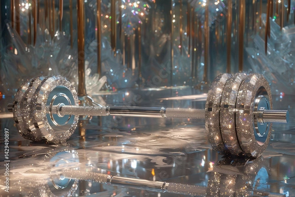 Fototapeta Luxurious barbell encrusted with diamonds and glitter stands in a shimmering crystal palace interior