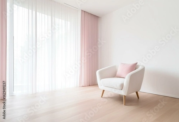 Obraz A white chair sitting in front of a window with pink curtains.