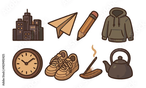 Fototapeta lo-fi icon set featuring everyday objects: buildings, apparel, and more