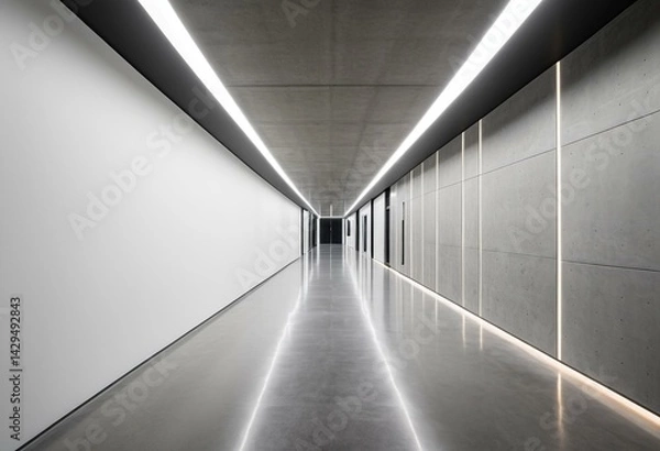 Fototapeta A long hallway with white walls and black doors.