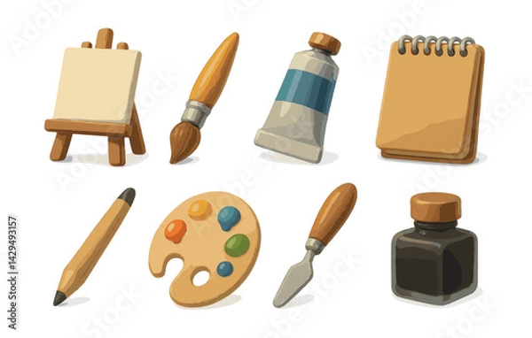 Fototapeta art supplies icons set: easel, paintbrush, palette, notepad, and more for creative projects