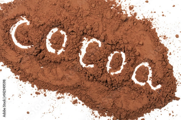 Obraz word cocoa written in cocoa powder isolated on white background