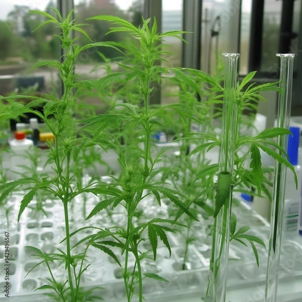 Fototapeta Cannabis Plants Growing in Laboratory Setting