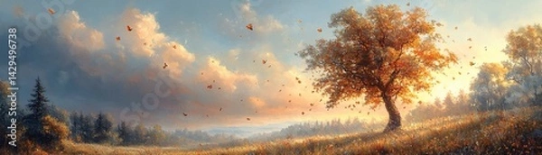 Fototapeta A solitary tree stands majestically in a picturesque autumn landscape, bathed in the warm glow of the setting sun.
