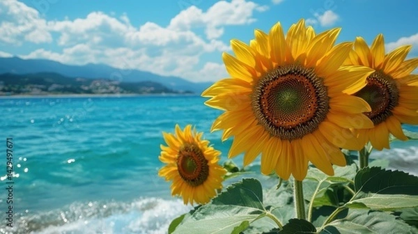 Obraz golden sunflowers blooming near a calm blue sea with gentle waves