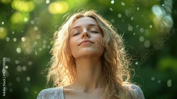 Obraz woman practicing mindfulness meditation with her eyes closed and a calm expression