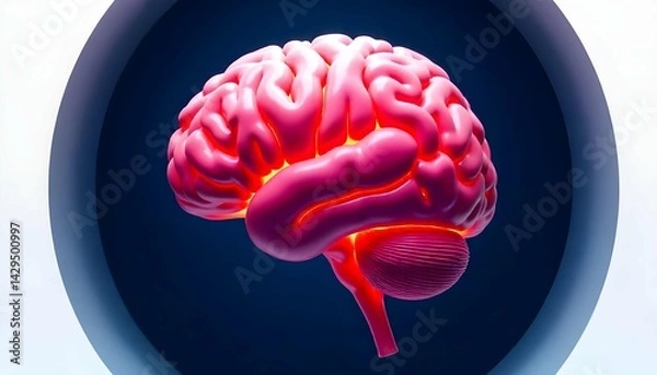 Fototapeta a 3D illustration of a human brain. The brain is shown in a circular shape with a dark blue background. The top half of the brain is pink, while the bottom half is orange. The outermost part of the im