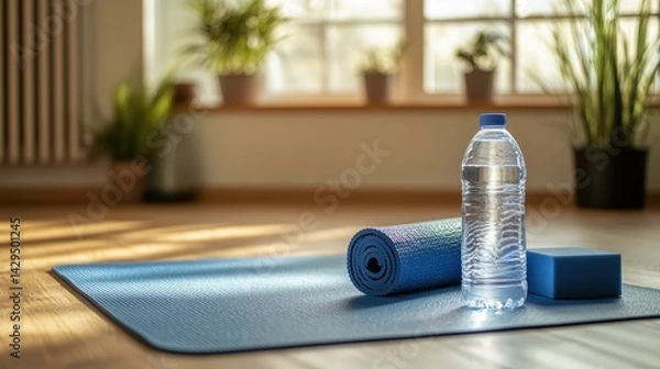 Obraz close-up of a yoga mat with a water bottle and a pair of yoga blocks on the floor