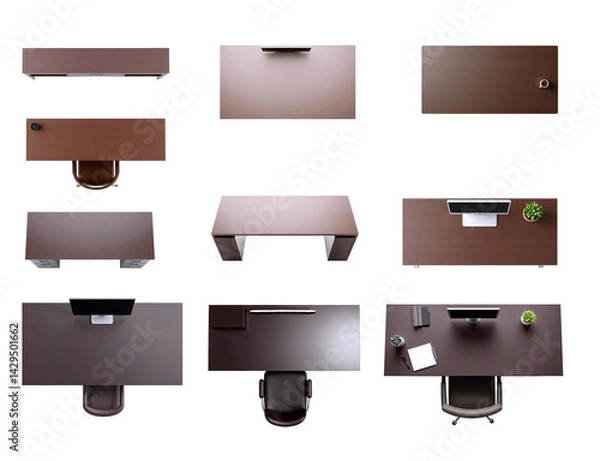 Obraz top down view chocolate brown office desk set for floor plan collages. isolated, transparent background