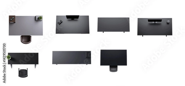 Obraz top down view graphite black office desk set for floor plan collages. isolated, transparent background