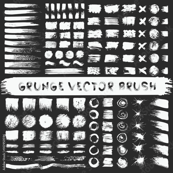 Fototapeta Zestaw mega paski grunge. Czarne etykiety, tekstura farby. Wektor pociągnięć pędzla. Tło ręcznie robione elementy projektu.