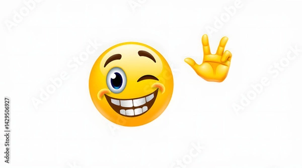 Fototapeta Playful winking emoticon giving a playful hand gesture bright yellow simple white background