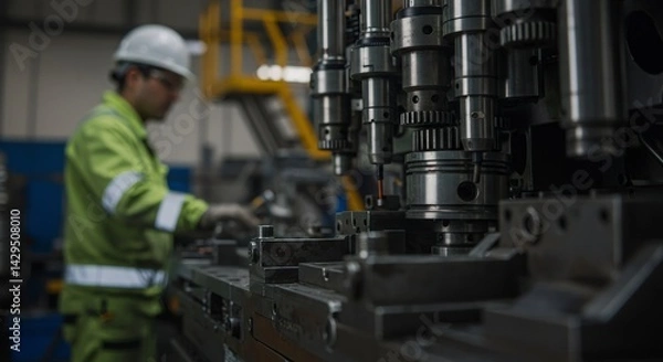 Fototapeta A man in safety gear operates heavy machinery in a factory, illustrating industrial production and manufacturing processes for commercial or business related concepts.