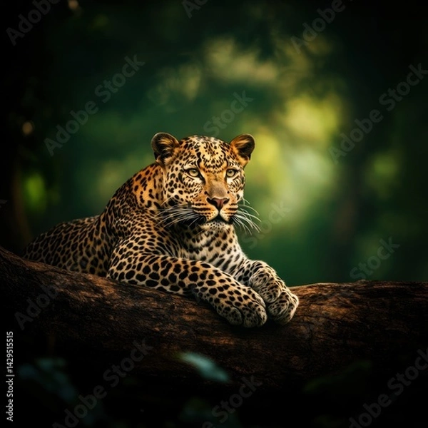 Fototapeta Majestic Leopard Resting on Log in Forest