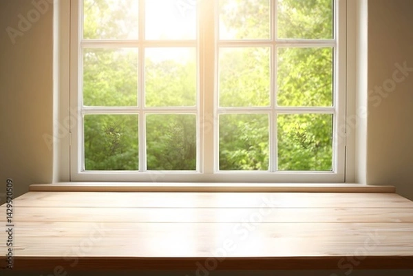 Fototapeta Sunny Window View Wooden Tabletop Background