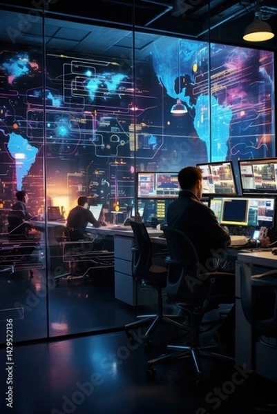 Fototapeta High-tech monitoring room filled with screens and data