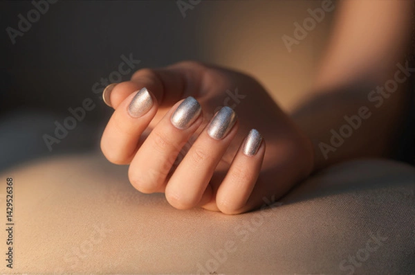 Fototapeta Hand Metallic Silver Nails Beige Background