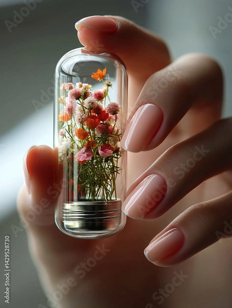 Obraz Una Capsula de Cristal Transparente Llena de Verde Pradera y Flores Silvestres Coloridas