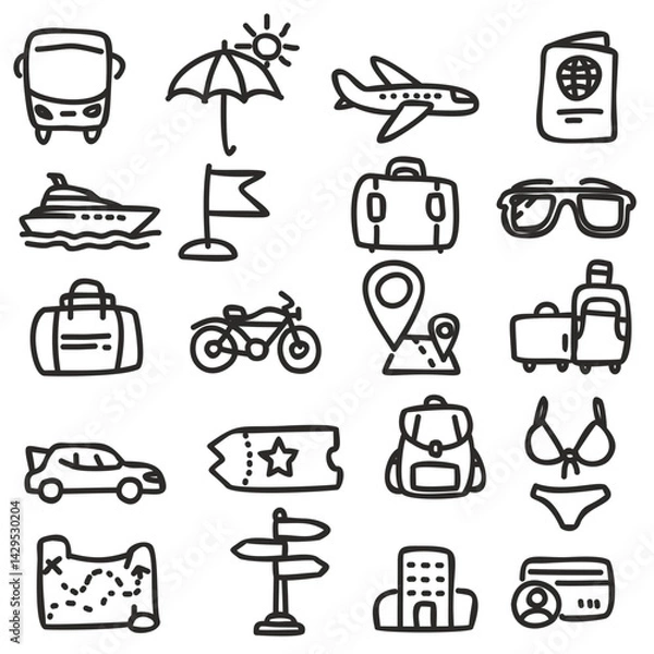 Fototapeta Travel Icons Set in Hand-Drawn Style – Vector Collection in Black on Transparent Background for Tourism Apps, Itineraries, and Adventure UI Kits