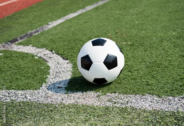Fototapeta soccer ball on stadium grass line.