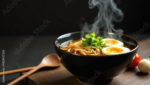 Fototapeta Steaming bowl of ramen, chopsticks, spring onions, top view, close-up