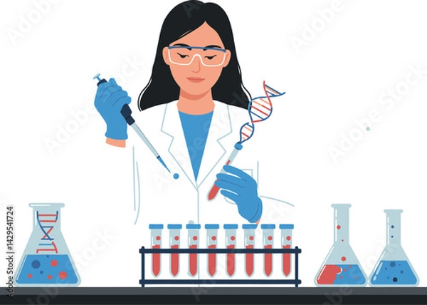 Fototapeta Female scientist conducting DNA research with test tubes in laboratory setting vector illustration 