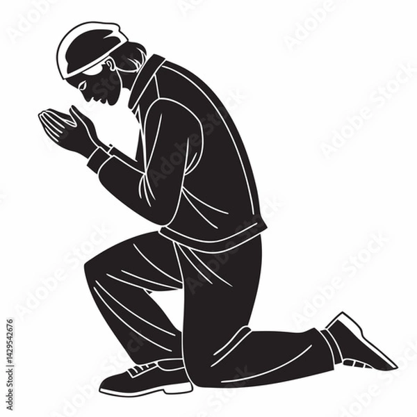 Fototapeta Black And White Silhouette Illustration Of Kneeling Man With Hands Clasped