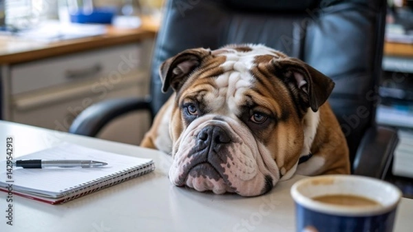 Fototapeta Bulldog Resting on Office Desk with Coffee and Notebook