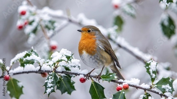 Fototapeta European Robin Perched on Snowy Holly Branch in Winter