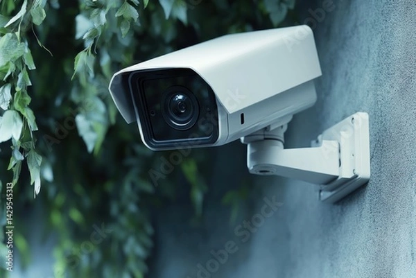 Fototapeta CCTV security camera installed on a wall amid greenery for comprehensive surveillance