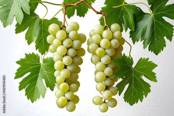 Fototapeta Green Grapes on Stem with Leaves Isolated on White for Healthy Eating and Harvest Concepts Featuring Fresh Bunches of Light Green Fruit for Food Imagery: Green, Grapes, Stem, Leaves, Isolated, White.