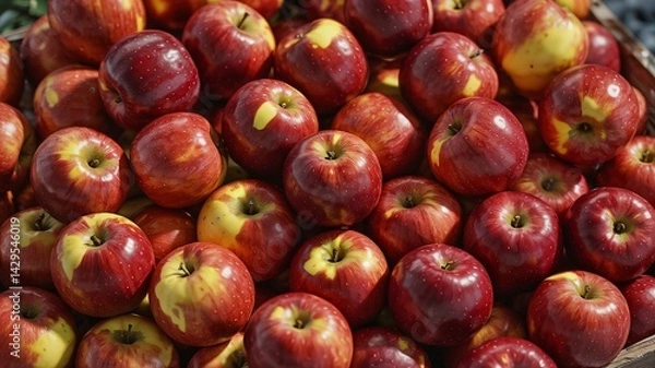 Fototapeta Fresh Red Apples with Yellow Patches in a Glossy Pile