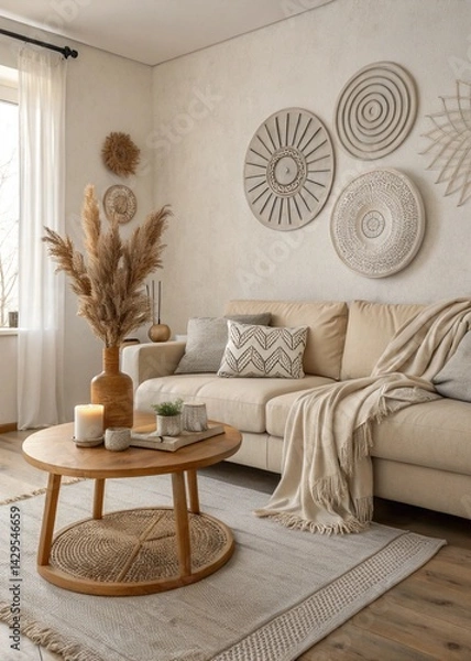 Fototapeta Living room with beige sofa, round wooden table, pampas grass and decorative wall art in neutral tones created with generated ai