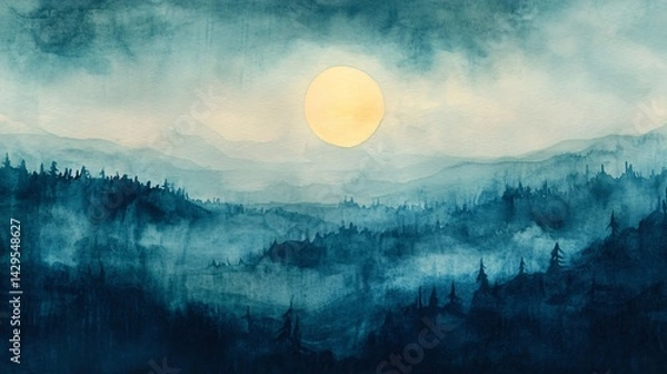 Obraz Ethereal watercolor moonlit landscape in cool blue gradients with soft yellow moon glow