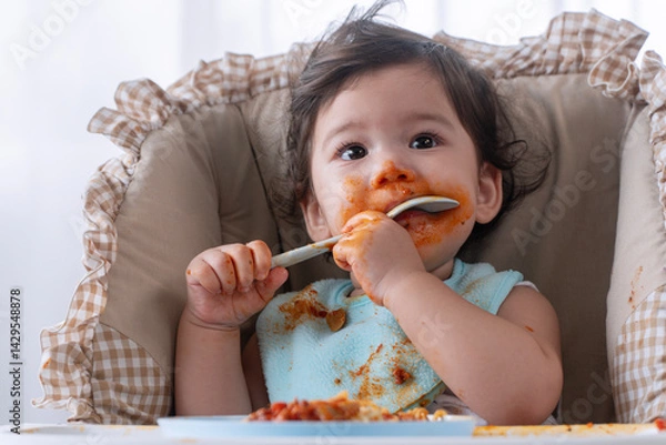 Obraz Adorable messy little child girl hungry use hand eating spaghetti sitting in high-powered chair at home. Toddler child dirty with tomato sauce making mess face looking at food. Self-feeding conceptper