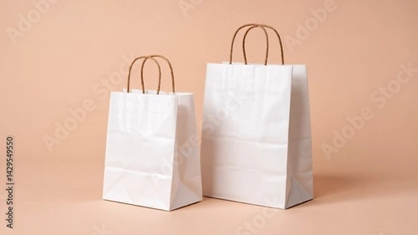 Fototapeta Minimalist White Paper Bags with Twisted Handles on Neutral Background