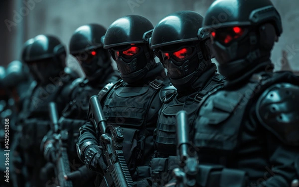 Fototapeta Black armored cyborg soldiers standing in tactical formation. Futuristic warfare concept.