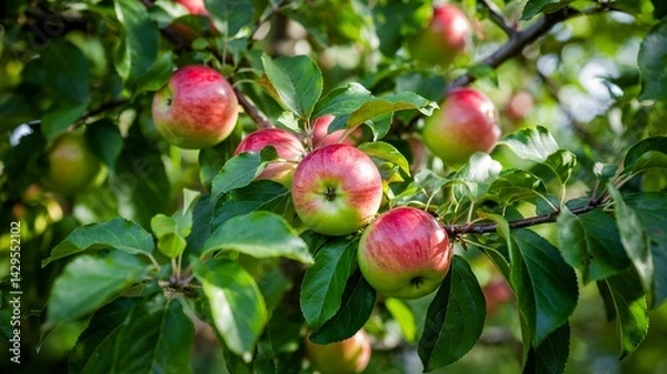 Fototapeta Ripe Red Apples Hanging on a Lush Green Apple Tree